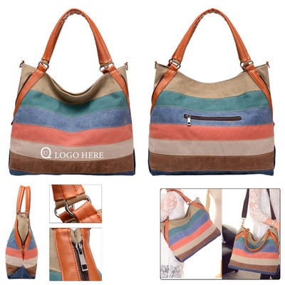 Color-Blocked Striped Shoulder Canvas Tote Bag