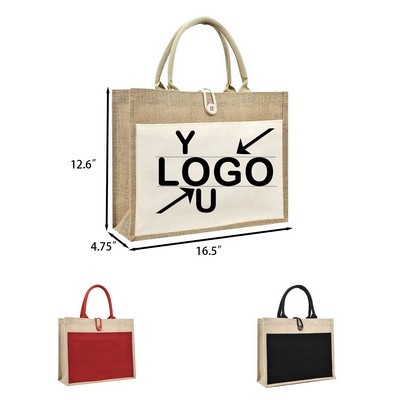 Jute Burlap Tote Bag with Front Pocket