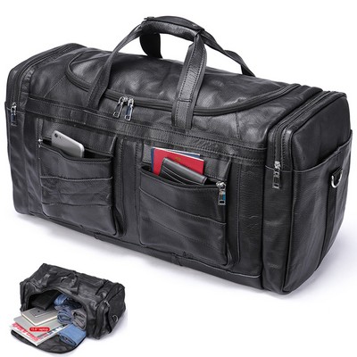 Multi-Pocket Genuine Leather Travel Duffle Bag